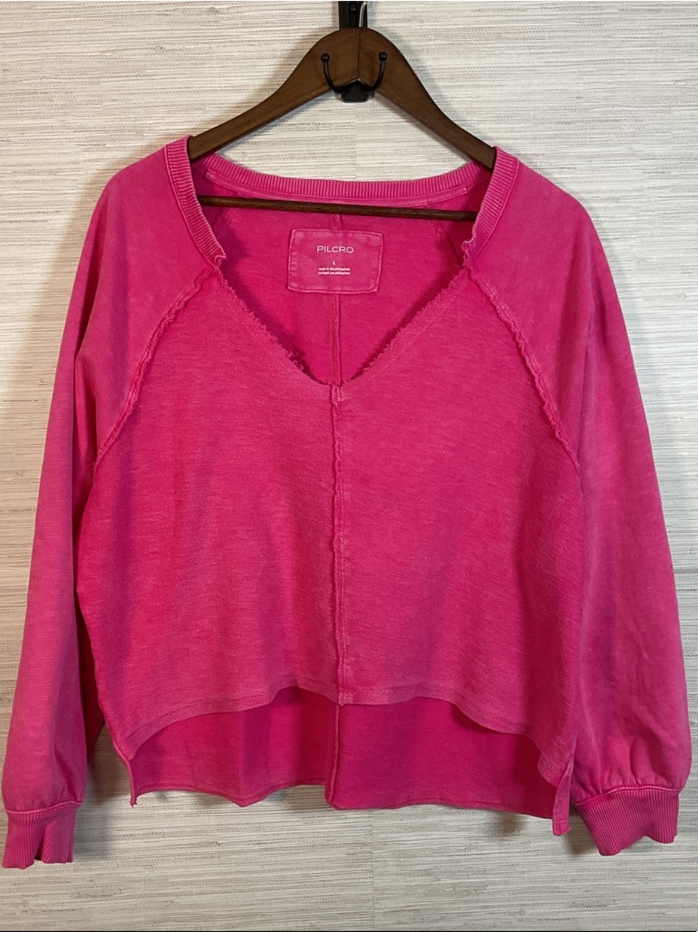 Anthropologie Pilcro Reworked Popover Sweatshirt Hot Pink V-Neck Raw Edge Large